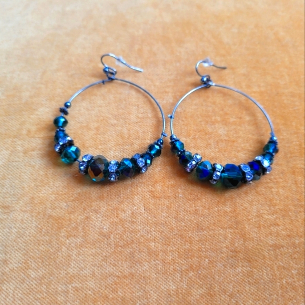 Statement Beaded Drop Hoop Earrings. Iridescent Blue/Black/Green 2 Inch